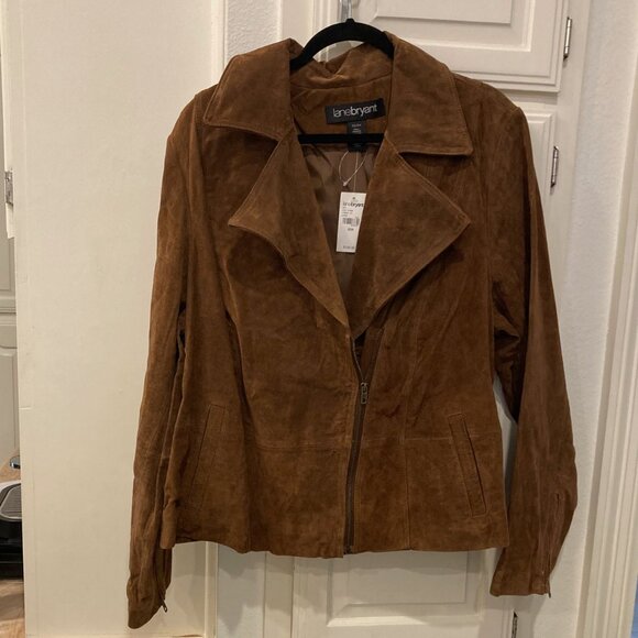 NWT Lane Bryant Brown Real Leather Suede Moto Jacket Size 22/24 Asymmetrical Zip - Picture 1 of 10